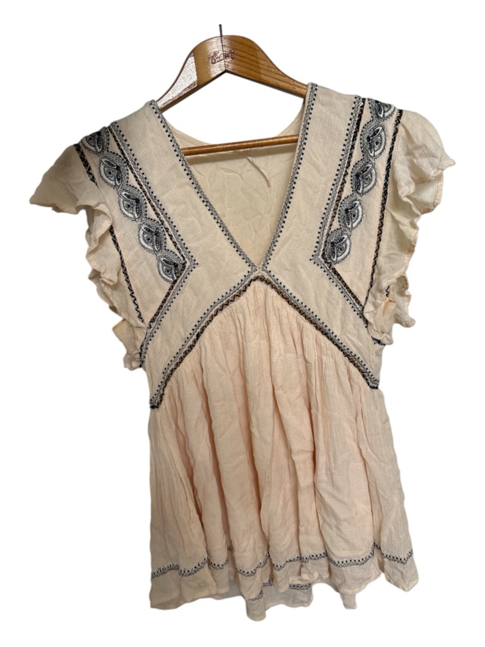 Free People Cream Peasant Tunic with Black Embroidery
